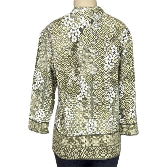 Ruby Rd L Green Mixed Floral Pattern Studded Split Neck Cotton 3/4 Sleeve Top - Picture 4 of 6
